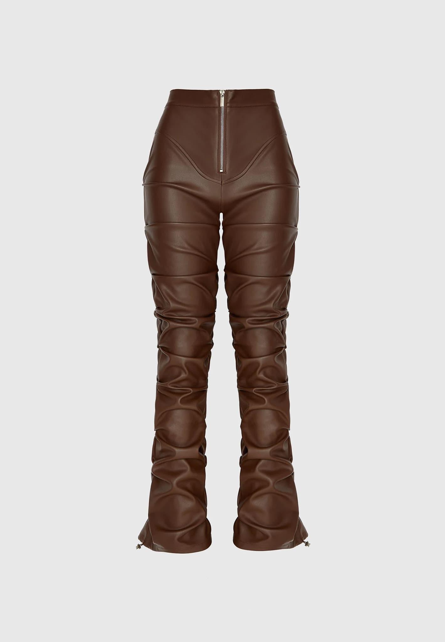 Tacked Leather Flared Trousers - Chocolate Brown Female Product Image