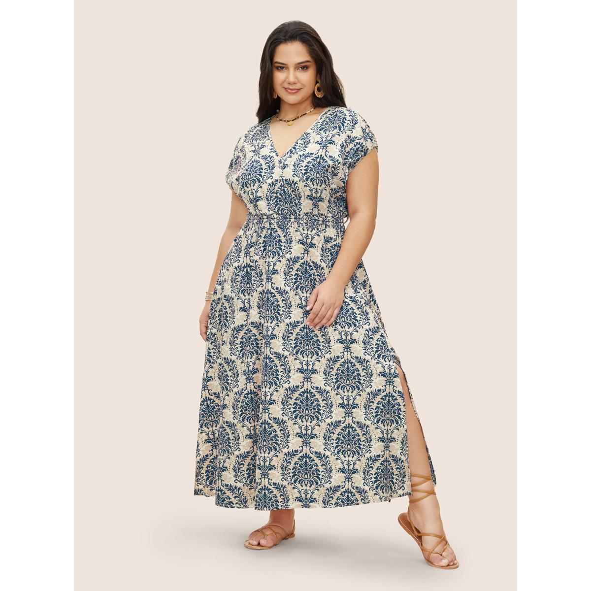 Plus Size Moroccan Print Shirred Slit Hem Dress DarkBlue Women Resort Slit V-neck Cap Sleeve Curvy Long Dress BloomChic 14-16/1X Product Image