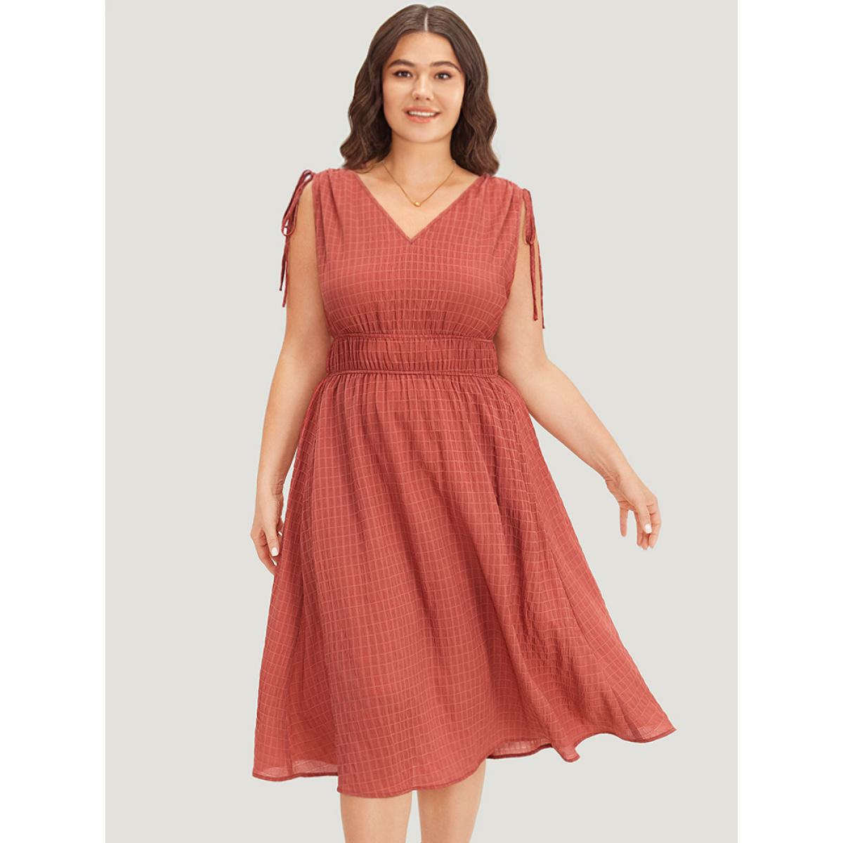 Plus Size V Neck Drawstring Sleeveless Pocket Elastic Waist Dress Coral Women Elegant Gathered V-neck Sleeveless Curvy Midi Dress BloomChic 12/L Product Image