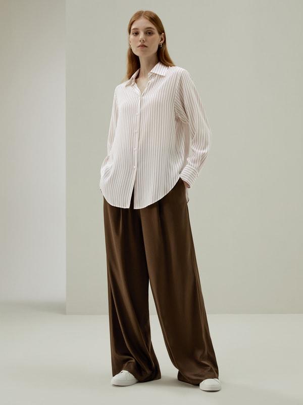 LILYSILK Women's Silk Charmeuse Oversized SOS Shirt, Brown Pinstripe, XXL Product Image