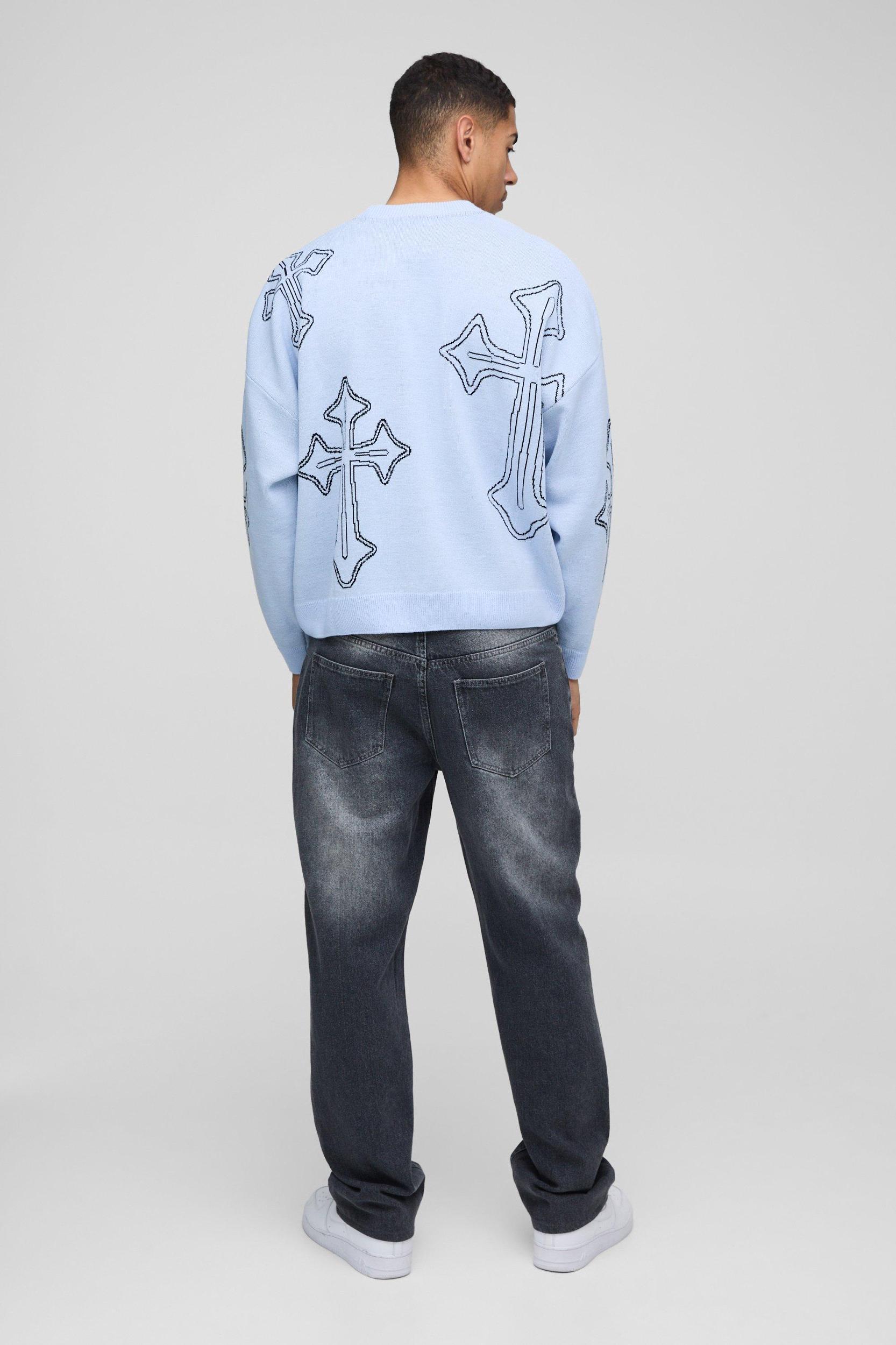 Oversized Boxy Cross Crew Neck Knitted Sweater | boohooMAN USA Product Image