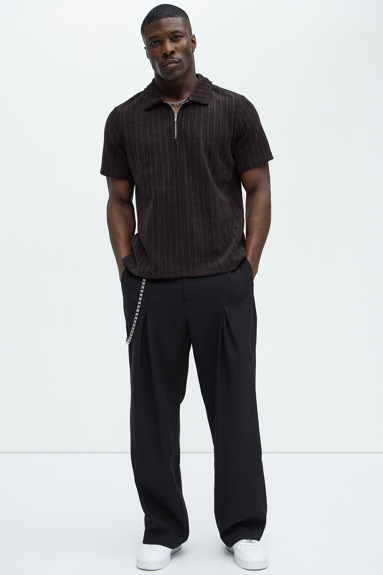 Stripe Texture Quarter Zip Polo Shirt - Chocolate Product Image