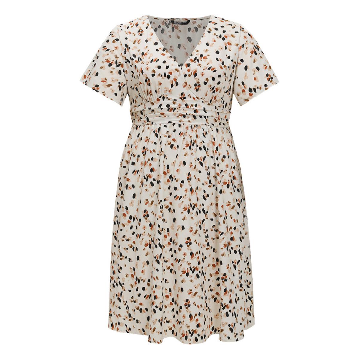 Plus Size Leopard Print Empire Waist Ruffle Hem Deep V Neck Dress Beige Women Elegant Ruched Deep V-neck Short sleeve Curvy Knee Dress BloomChic 30/6X Product Image