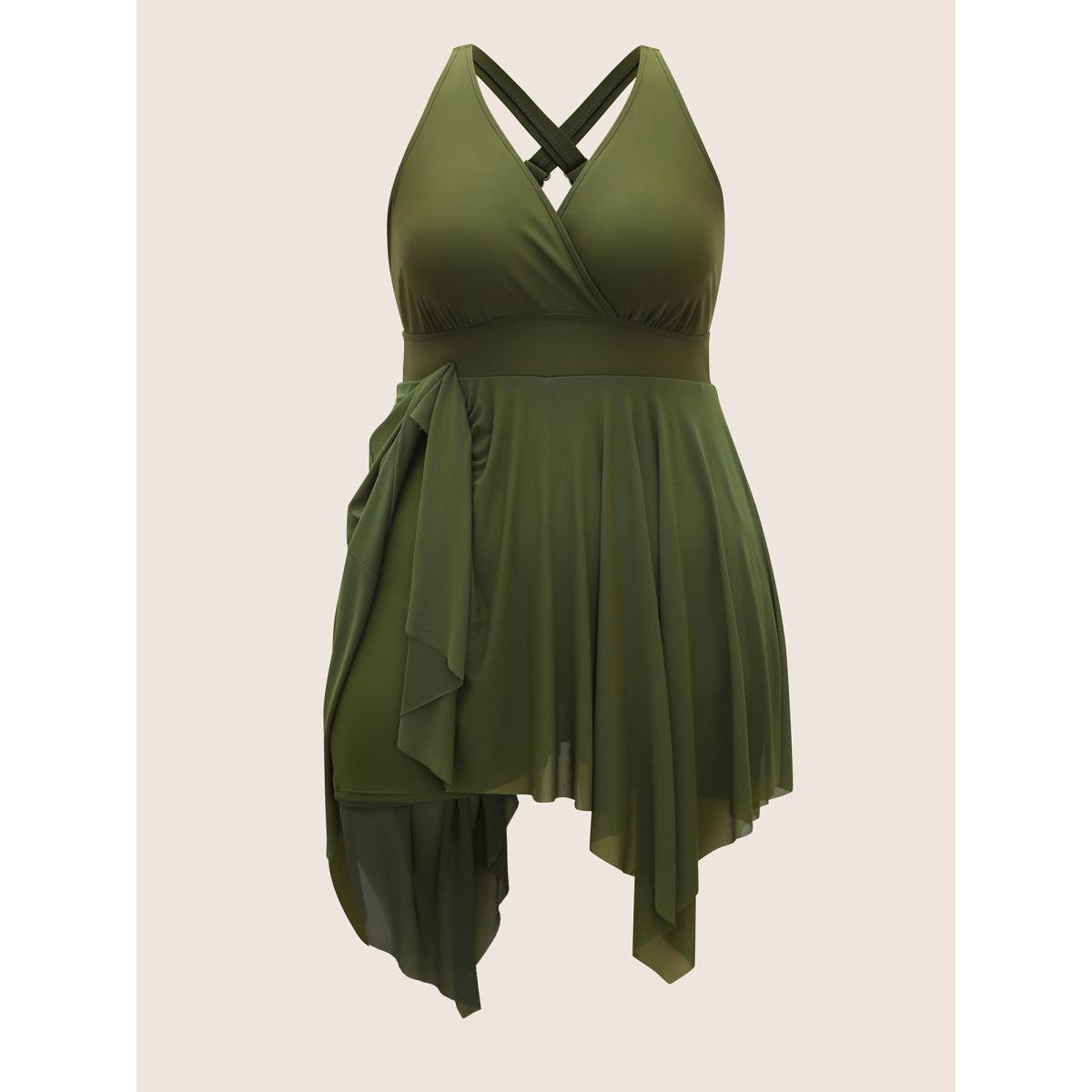 Plus Size Solid Patchwork Mesh Pocket Hanky Hem Swim Dress Women's Swimwear ArmyGreen Beach Bodycon Overlap Collar High stretch Curve Swim Dresses BloomChic 10/M Product Image