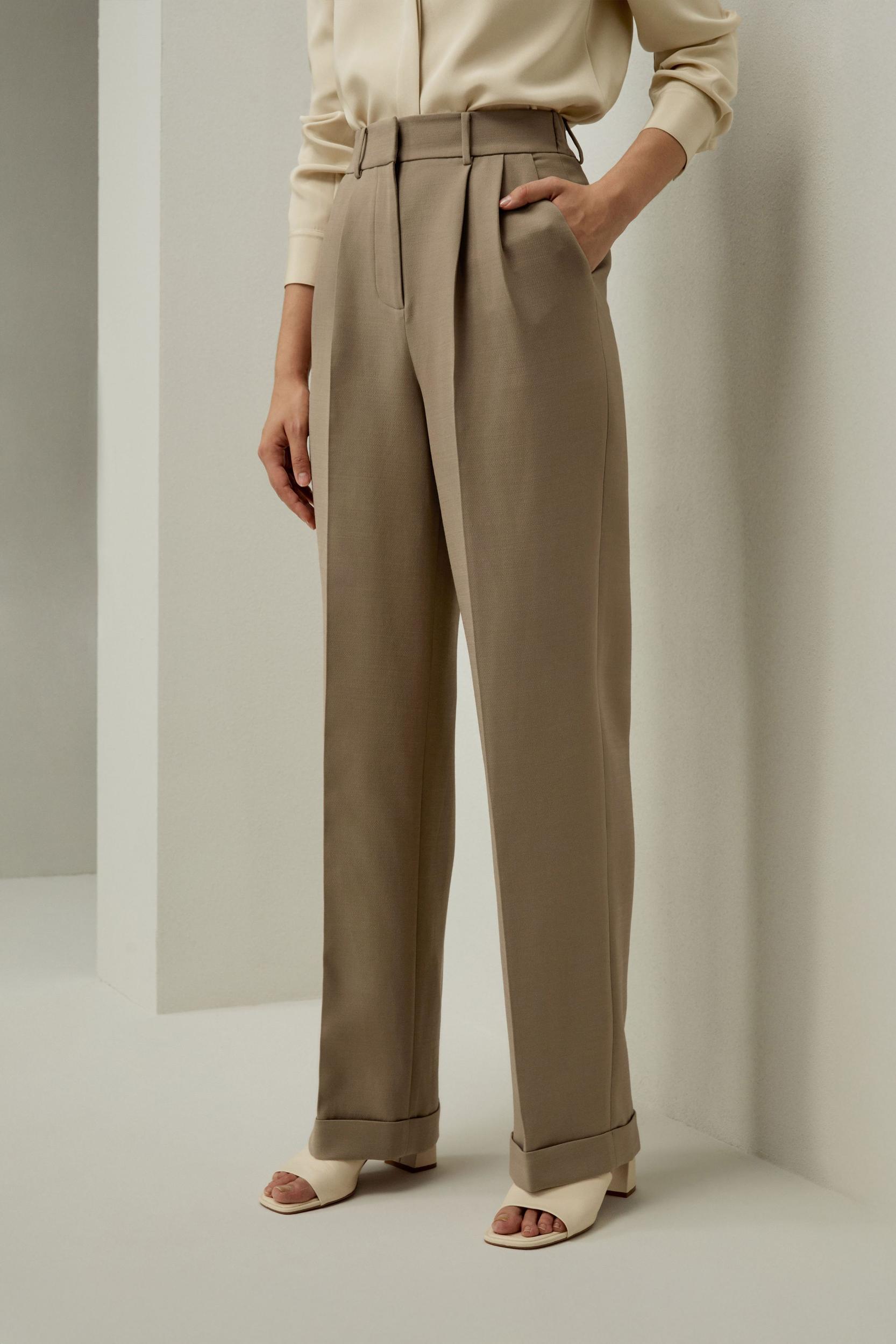 Silk-Wool Blend Khaki Minimalist Trousers Product Image