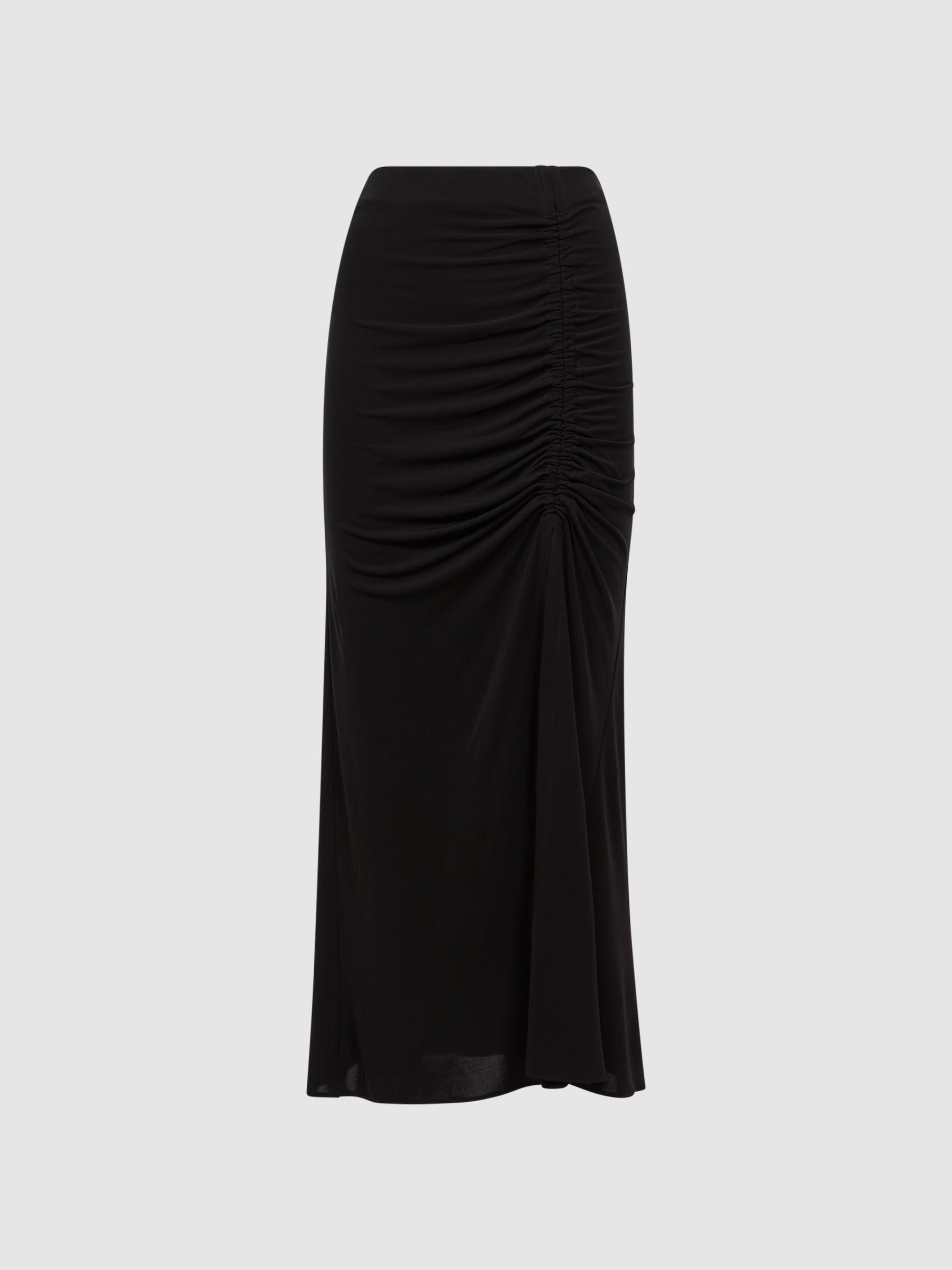 High Rise Ruched Fitted Midi Skirt in Black Product Image