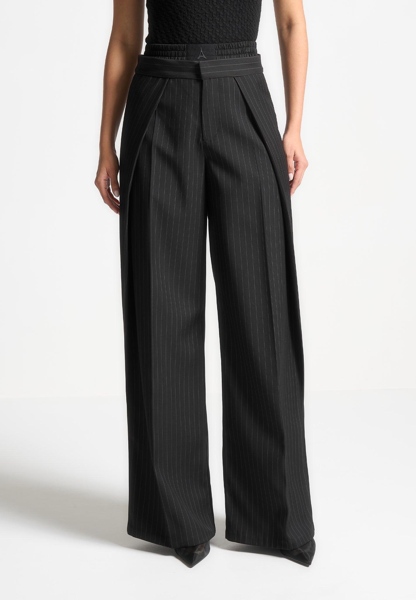 Sofia - Satin Waistband Pinstripe Trousers - Black Female Product Image