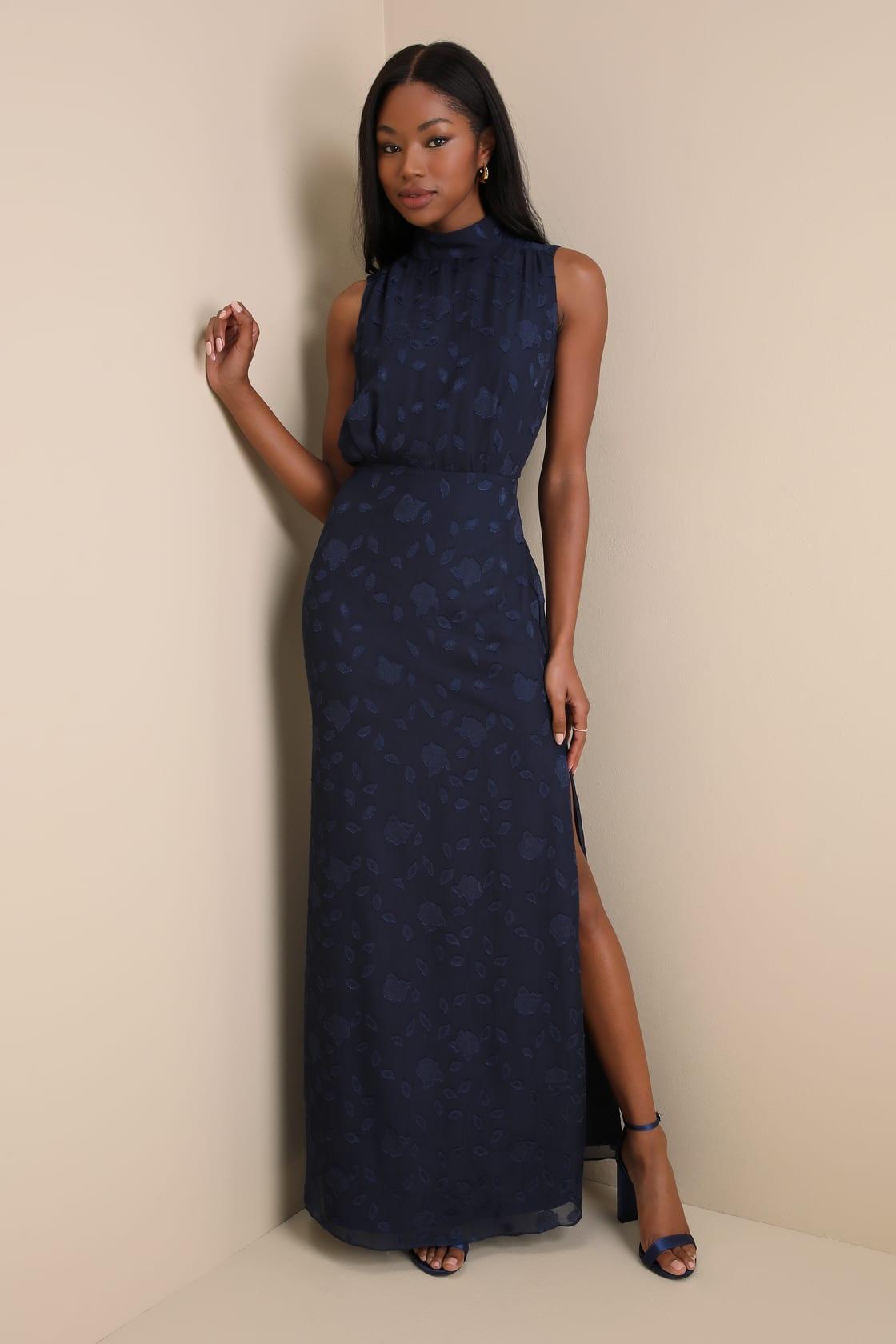 Classic Elegance Navy Blue Burnout Mock Neck Maxi Dress Product Image