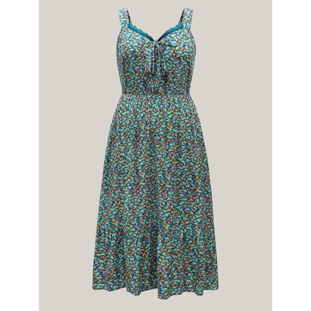 Plus Size Ditsy Floral Print Neck Ribbon Midi Dress Aegean Women Heart neckline Sleeveless Curvy BloomChic 28/5X Product Image