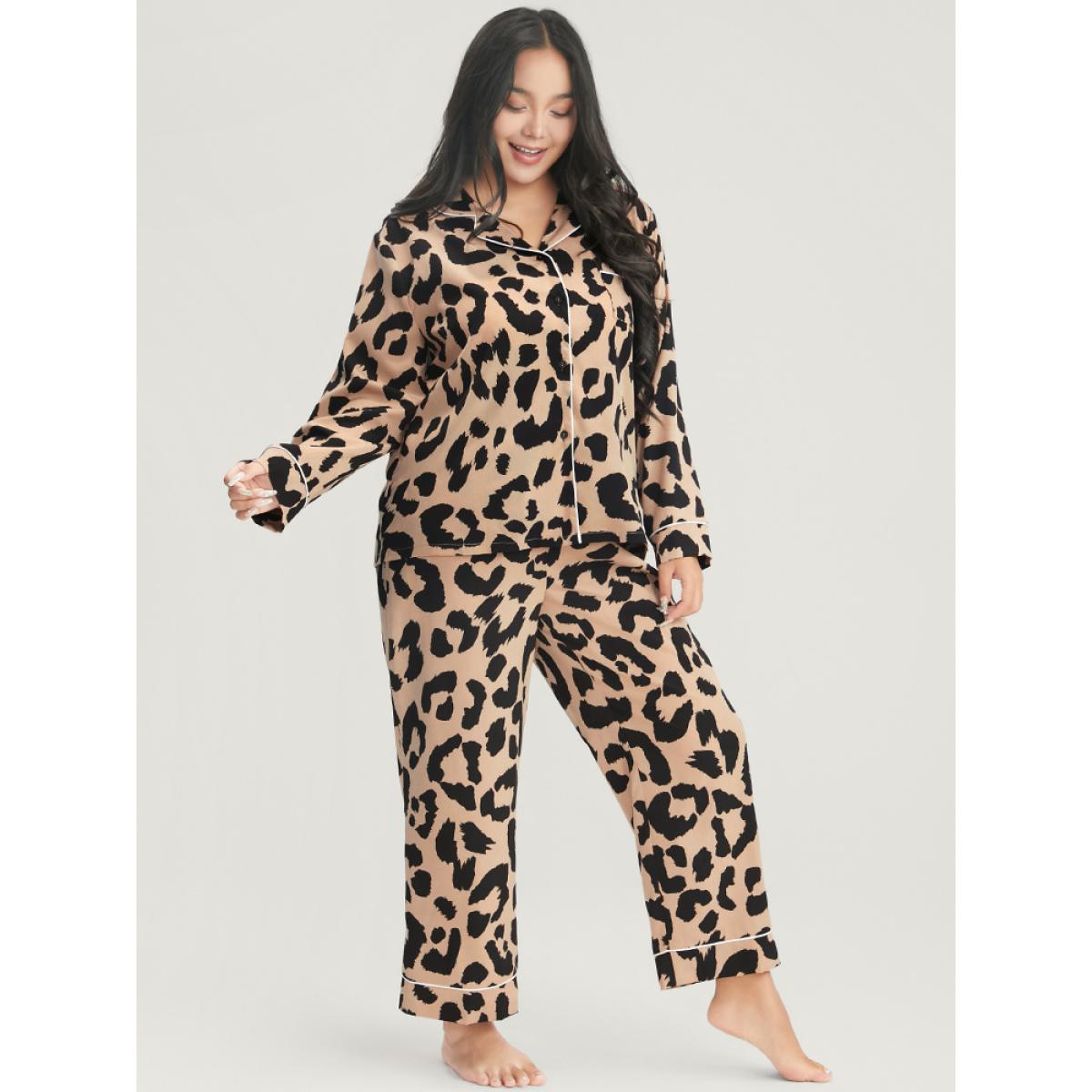 Plus Size Leopard Print Button Up Pocket Pajama Set Women Tan Leopard Patchwork Long Sleeve Shirt collar Casual Loungewear Sets BloomChic 30/6X Product Image