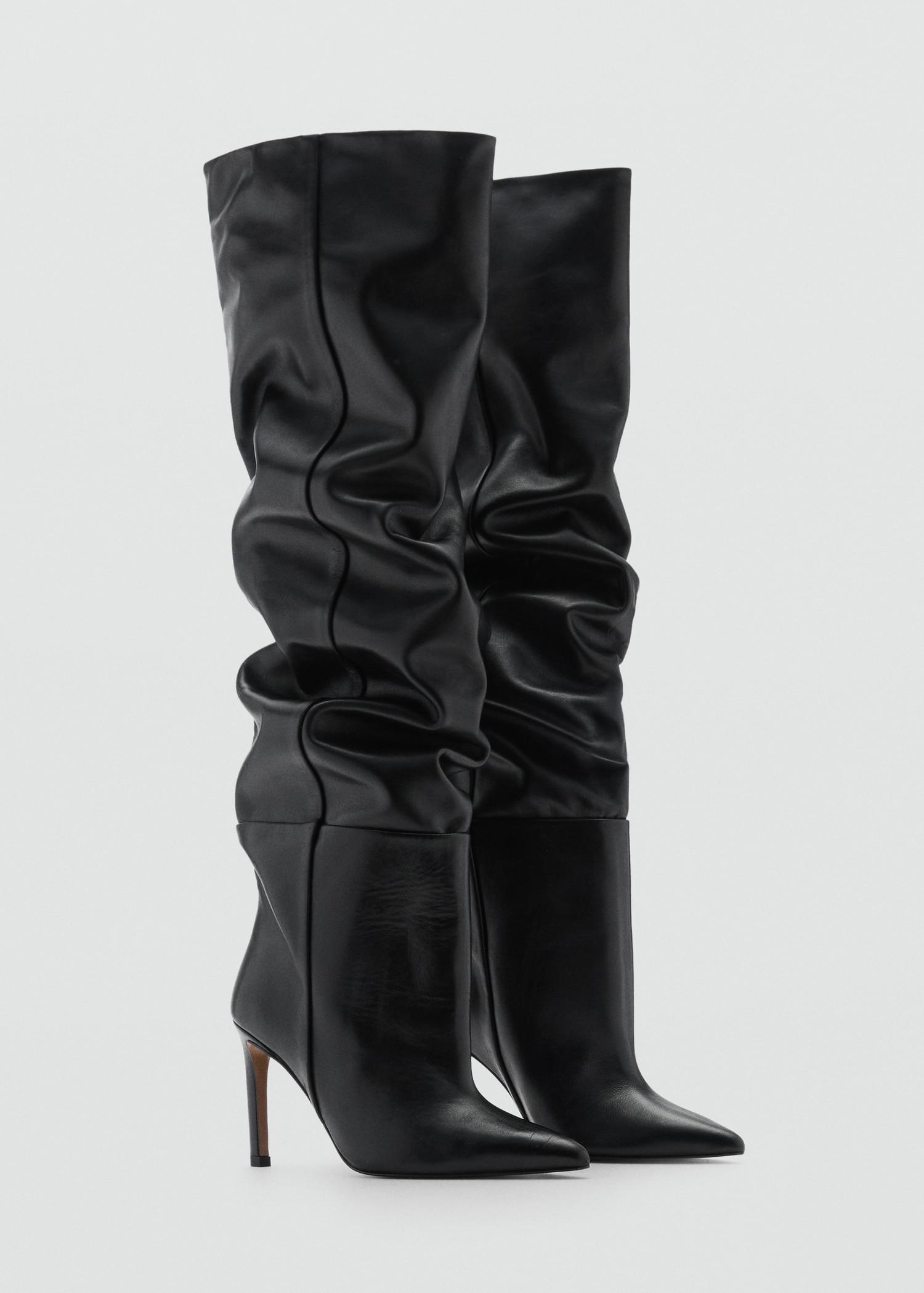 Knee-high leather boots with ruched detail - Women | MANGO USA Product Image