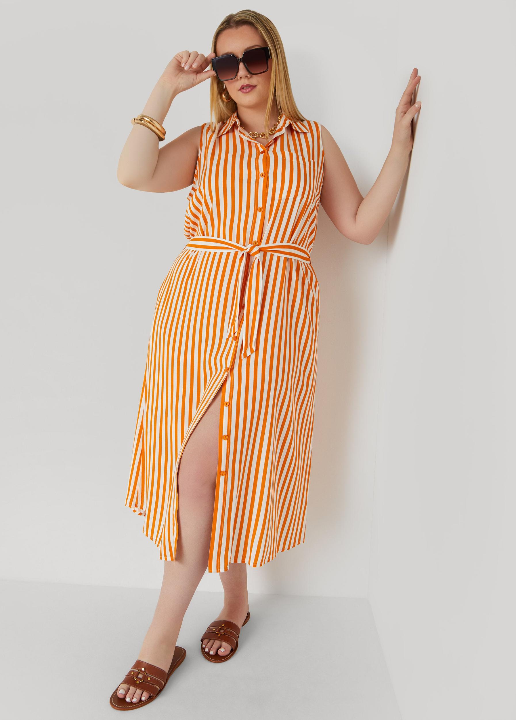 Plus Size Button Front Striped Shirtdress Ashley Stewart Product Image