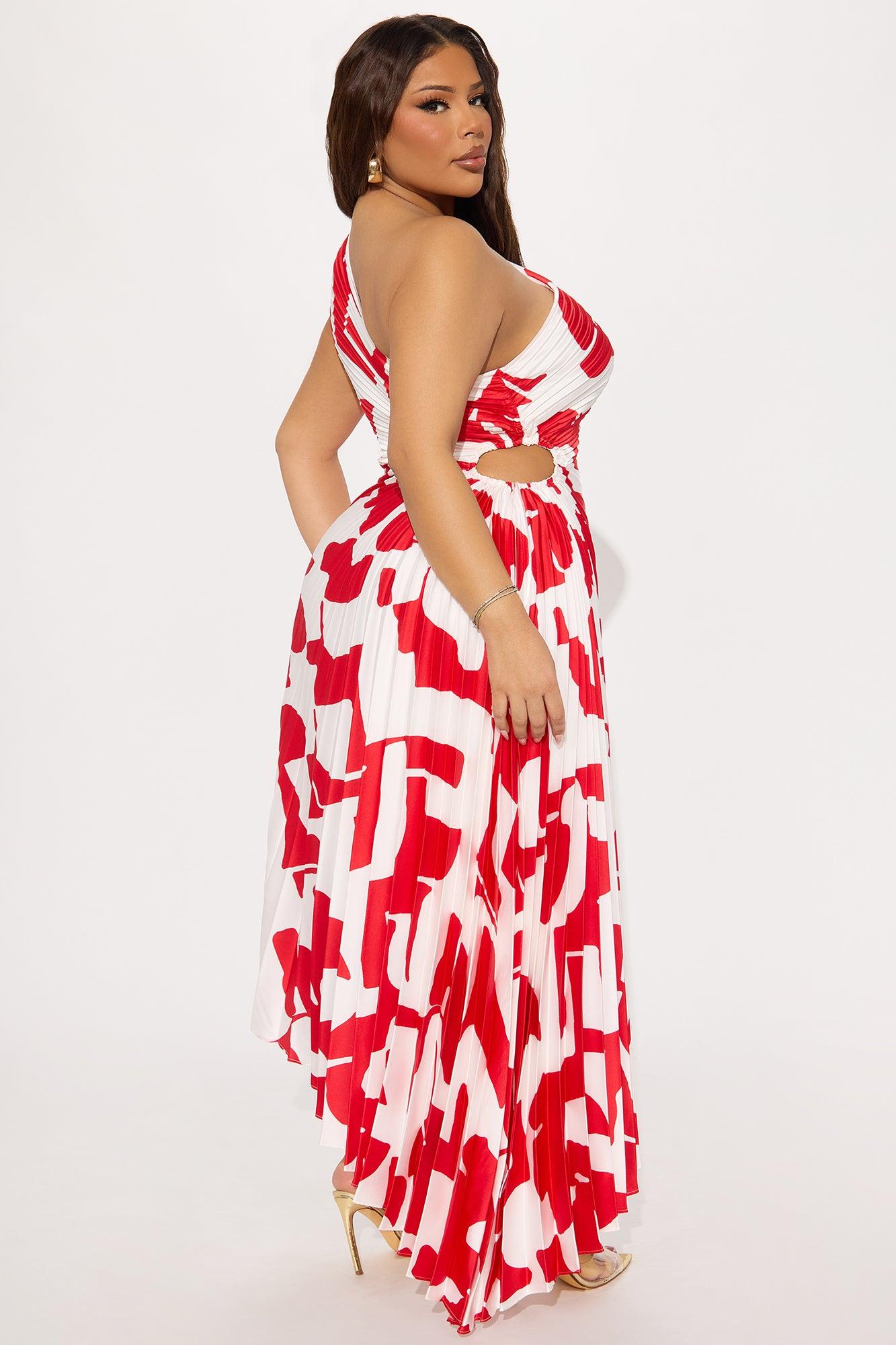Tia Satin Midi Dress - Red/White Product Image