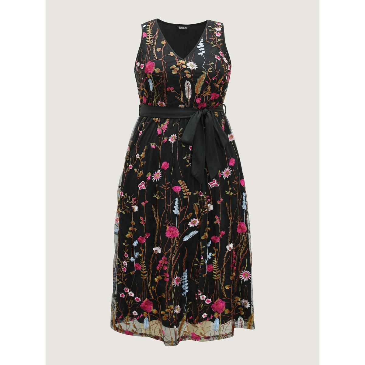 Plus Size Floral Embroidery Belted Midi Dress Black Women Formal V-neck Sleeveless Curvy BloomChic 26/4X Product Image