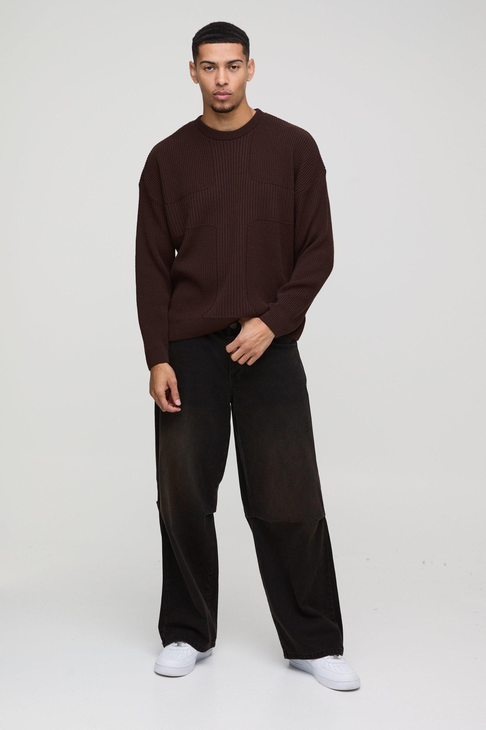 Relaxed Fit Ribbed Cross Crew Neck Knitted Sweater | boohooMAN USA Product Image