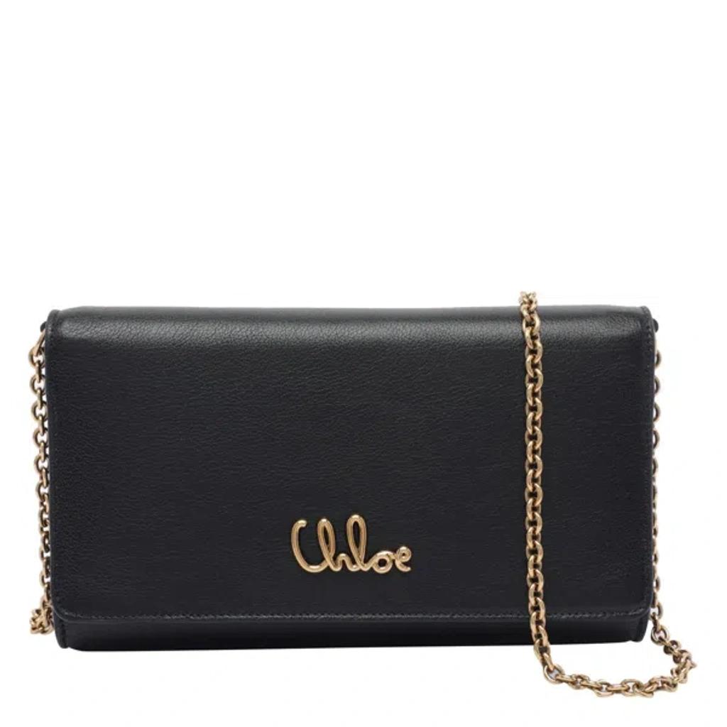 CHLOÉ Iconic Flap Wallet On Chain In Shiny Calfskin In Black Product Image