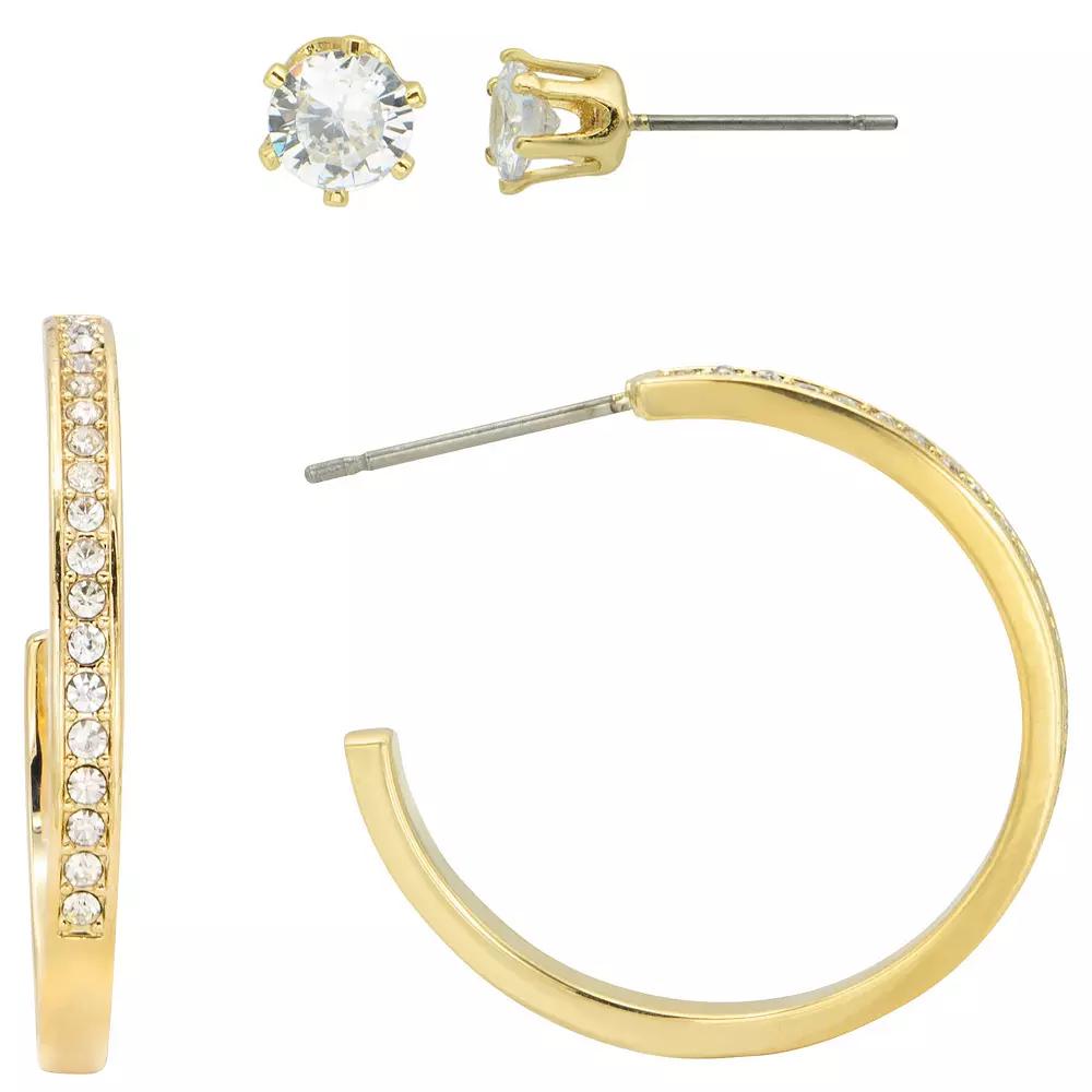 City Luxe Cubic Zirconia & Crystal Stud & Hoop Earrings Duo Set, Women's, Gold Tone Clear Product Image