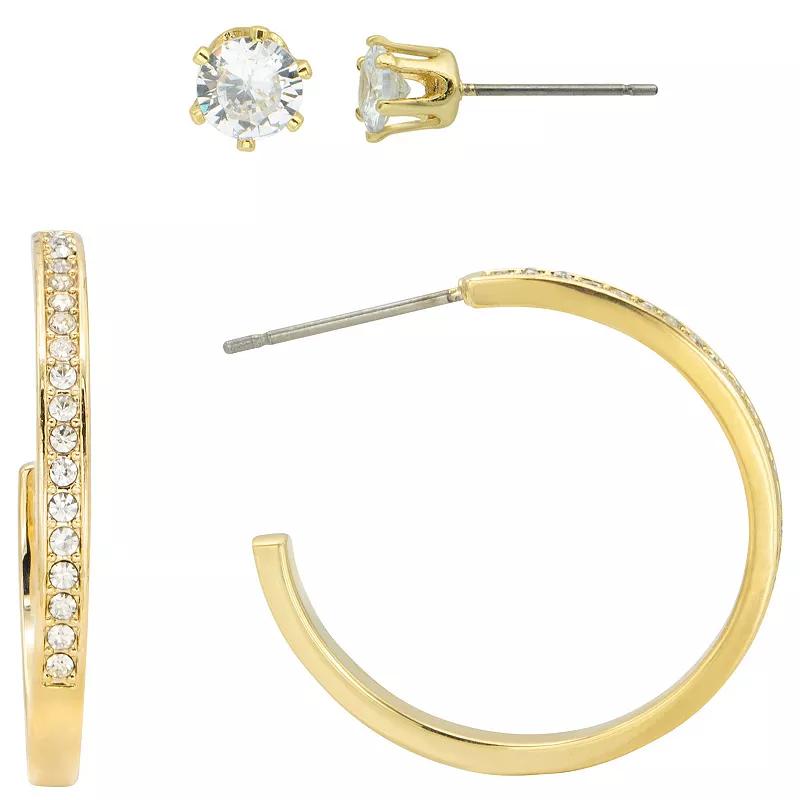 City Luxe Cubic Zirconia & Crystal Stud & Hoop Earrings Duo Set, Women's, Gold Tone Clear Product Image