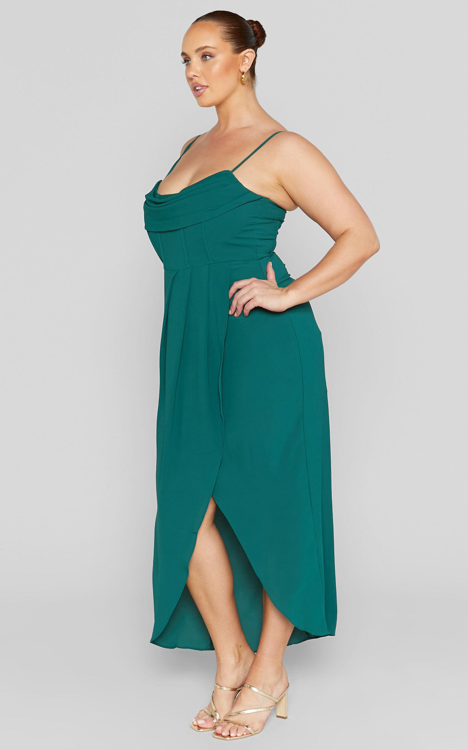Andrina Midi Dress - High Low Wrap Corset Dress in Forest Green Product Image