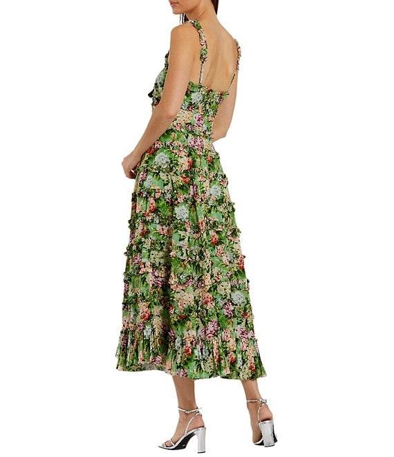 Mac Duggal Cotton Floral Print Square Neck Sleeveless Ruffle Trim A-Line Midi Dress Product Image