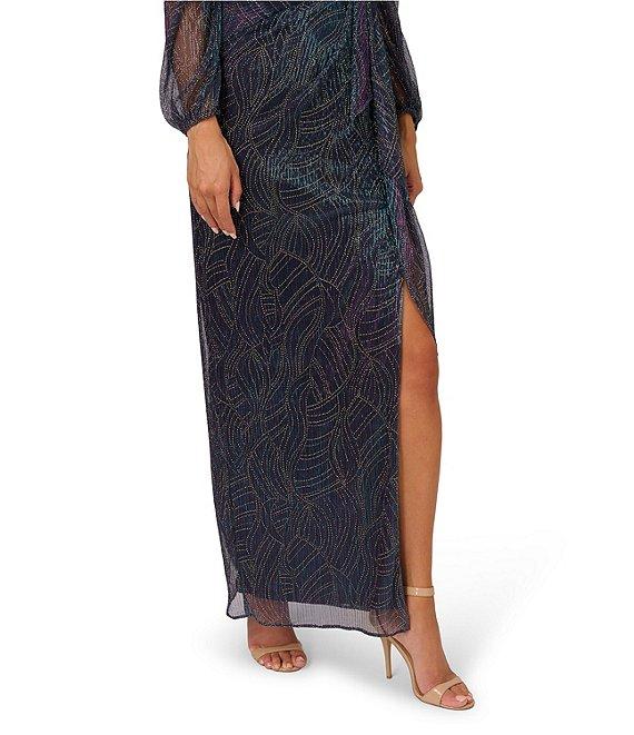 Adrianna Papell Mesh Metallic Sheath Surplice Neckline Long Mesh Sleeves Metallic Gown Product Image