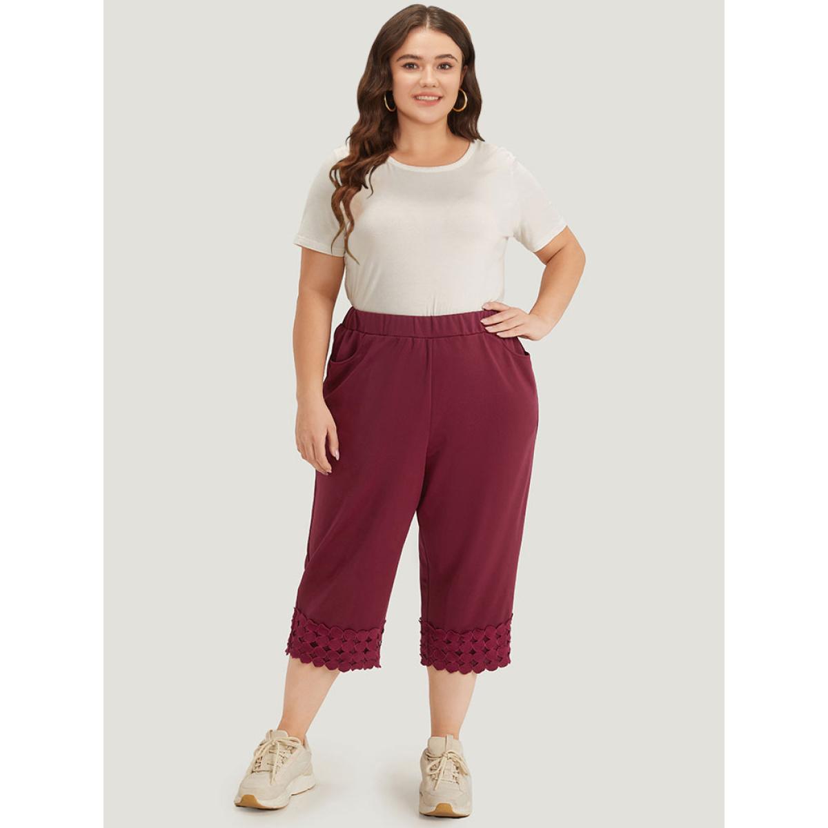 Plus Size Plain Pocket Elastic Waist Trim Hem Pants Women Burgundy Casual High Rise Dailywear Pants BloomChic 18-20/2X Product Image