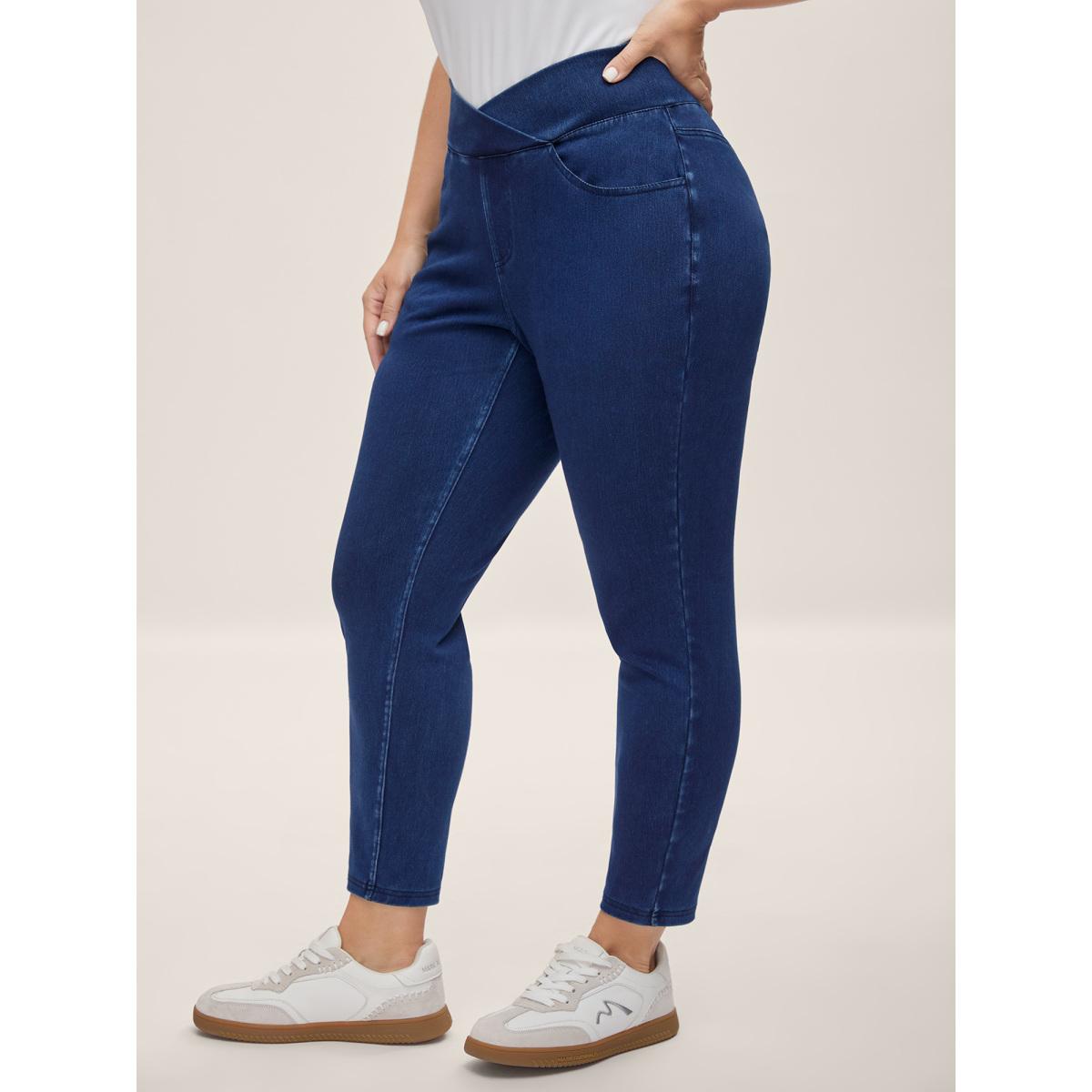 Plus Size Overlap Hem Yoga Stretch Skinny Knit Jeans Women Midblue High stretch Slanted pocket Jeans BloomChic 26/4X Product Image