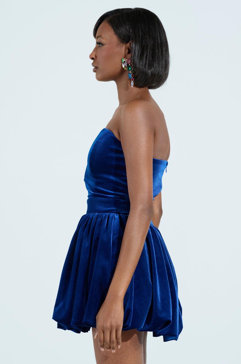 FEEL SOMETHING VELVET MINI DRESS IN BLUE Product Image