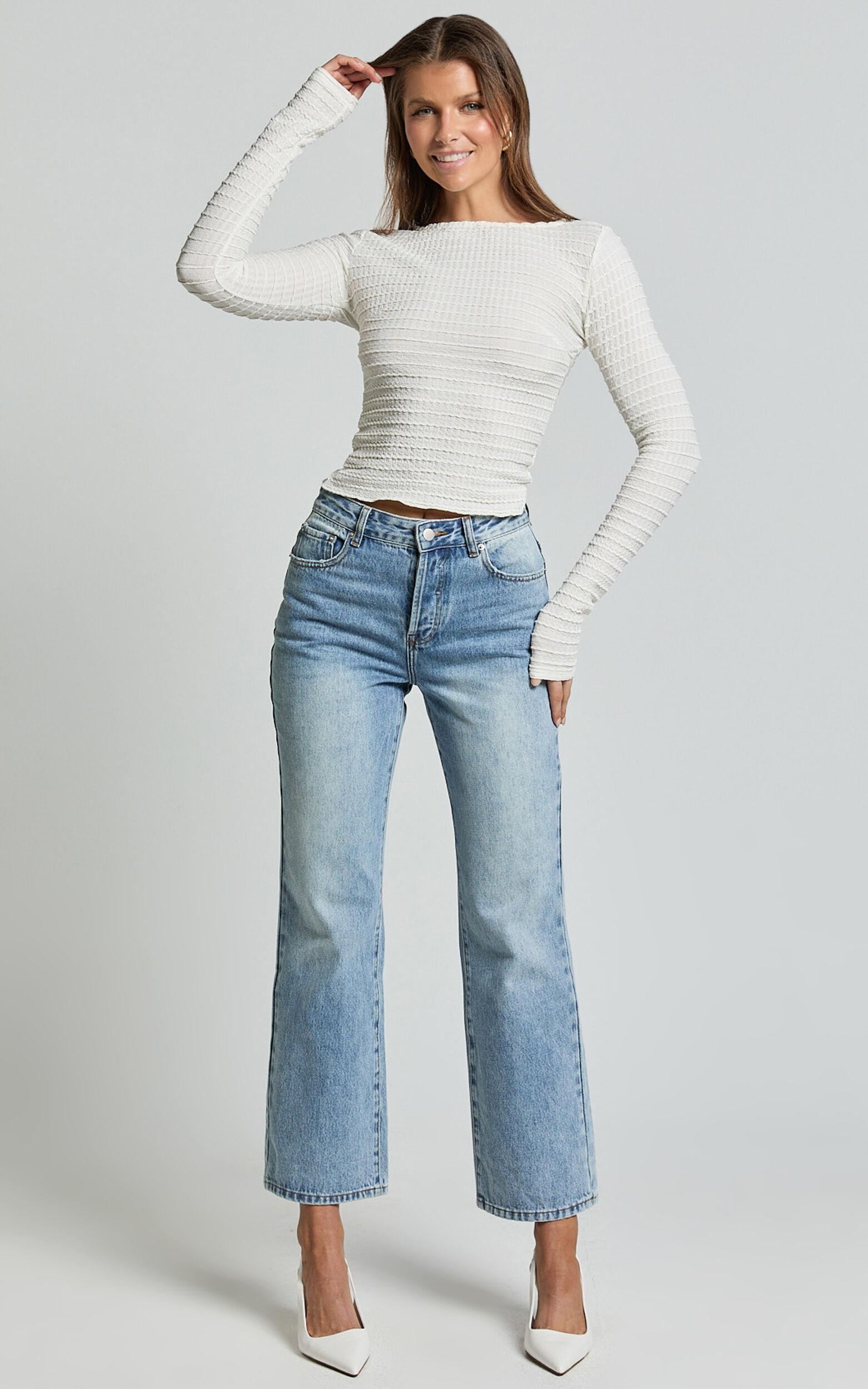 Madeline Top - Long Sleeve Textured Boat Neck Top in Cream Product Image