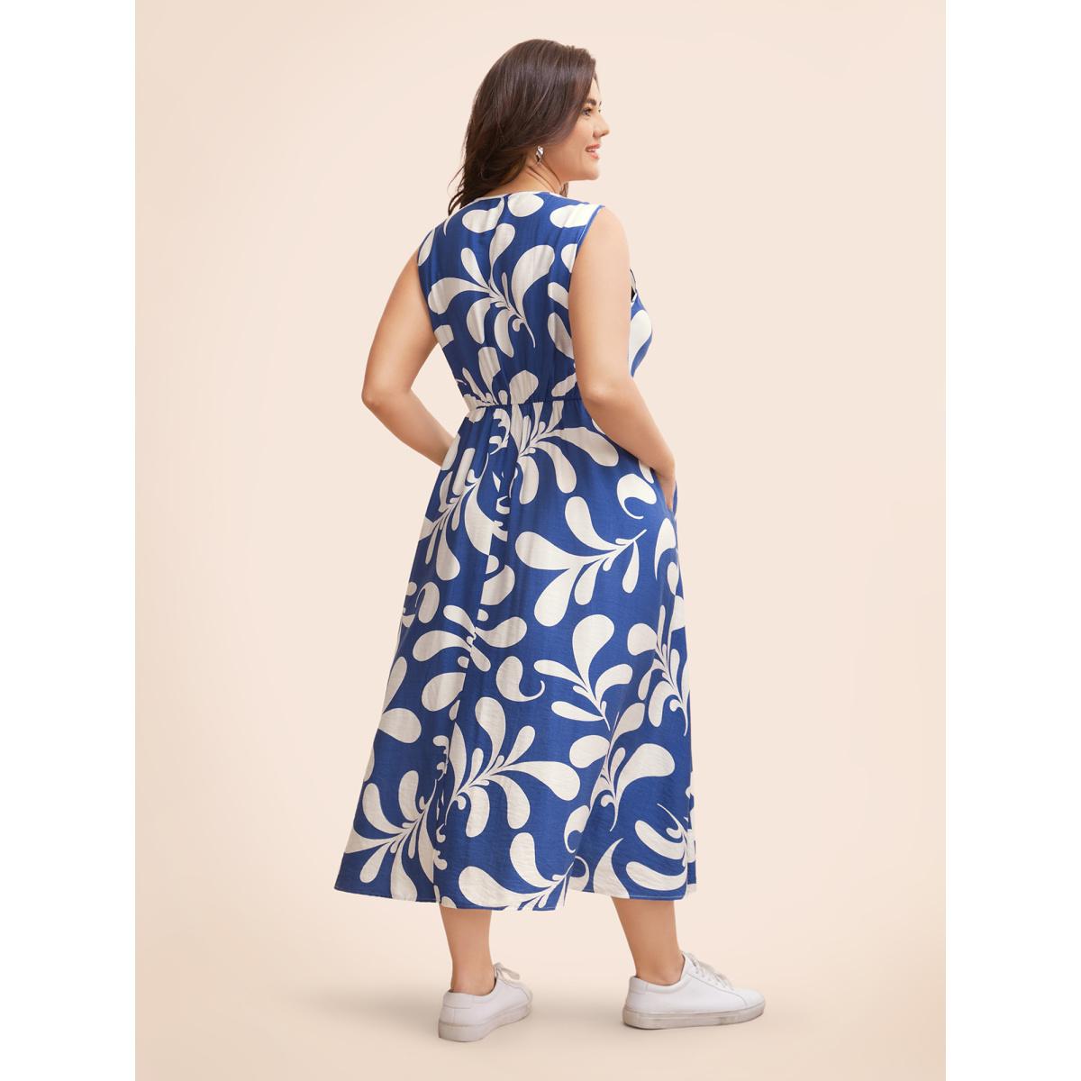 Plus Size Silhouette Floral Print Drawstring Midi Dress Mediumblue Women Elegant Gathered Heart neckline Sleeveless Curvy BloomChic 14-16/1X Product Image