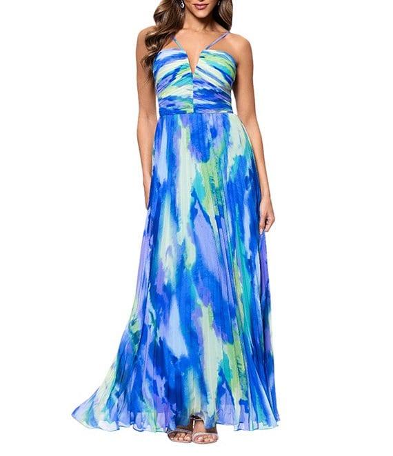 Xscape Abstract Print Pleated Chiffon Halter Neckline Sleeveless Maxi Dress Product Image