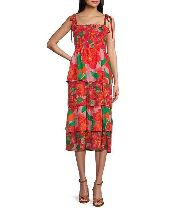Midnight Doll Floral Print Tie Straps Smocked Bodice Tiered Maxi Dress Product Image