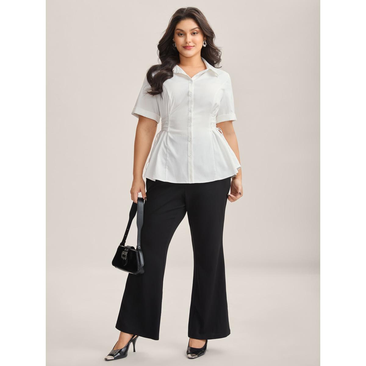 Plus Size Originalwhite Adjustable Waist Button Placket Solid Blouse Women Short sleeve Shirt collar Work Blouses BloomChic 14-16/1X Product Image