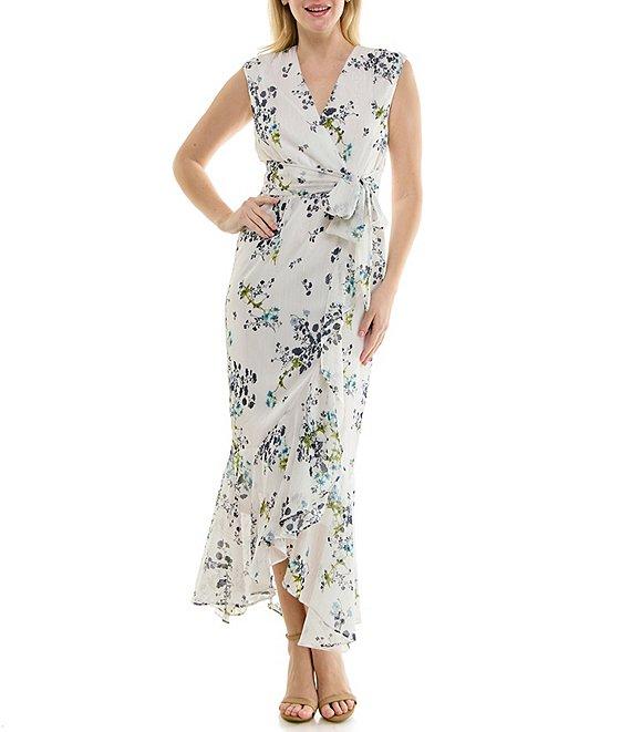 Moda Tara Sleeveless Floral Chiffon Ruffled Faux Wrap Maxi Dress Product Image