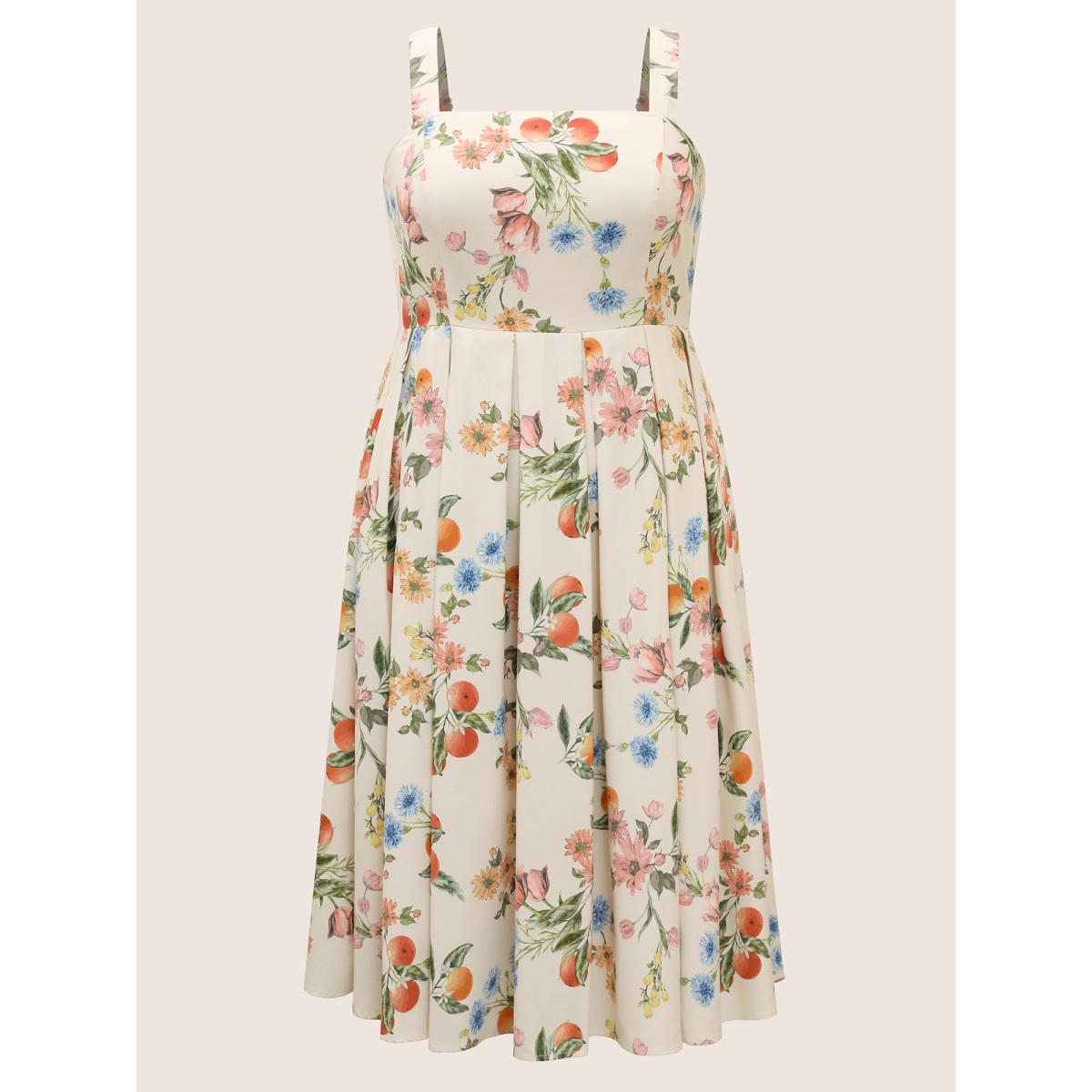 Plus Size Citrus Orange Print Plicated Detail Cami Dress Apricot Women Elegant Pleated Non Sleeveless Curvy BloomChic 18-20/2X Product Image