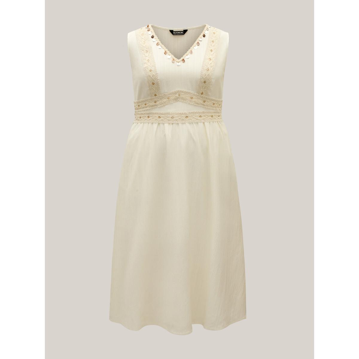 Plus Size Textured Solid Lace Trim Midi Dress Ivory Women V-neck Sleeveless Curvy BloomChic 30/6X Product Image