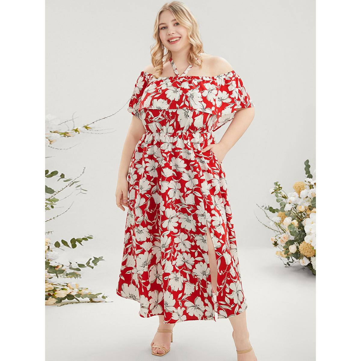 Plus Size Floral Print Pocket Ruffles Trim Split Halter Maxi Dress Scarlet Women Elegant Elastic Waist Halter neck Short sleeve Curvy Long Dress BloomChic 22-24/3X Product Image