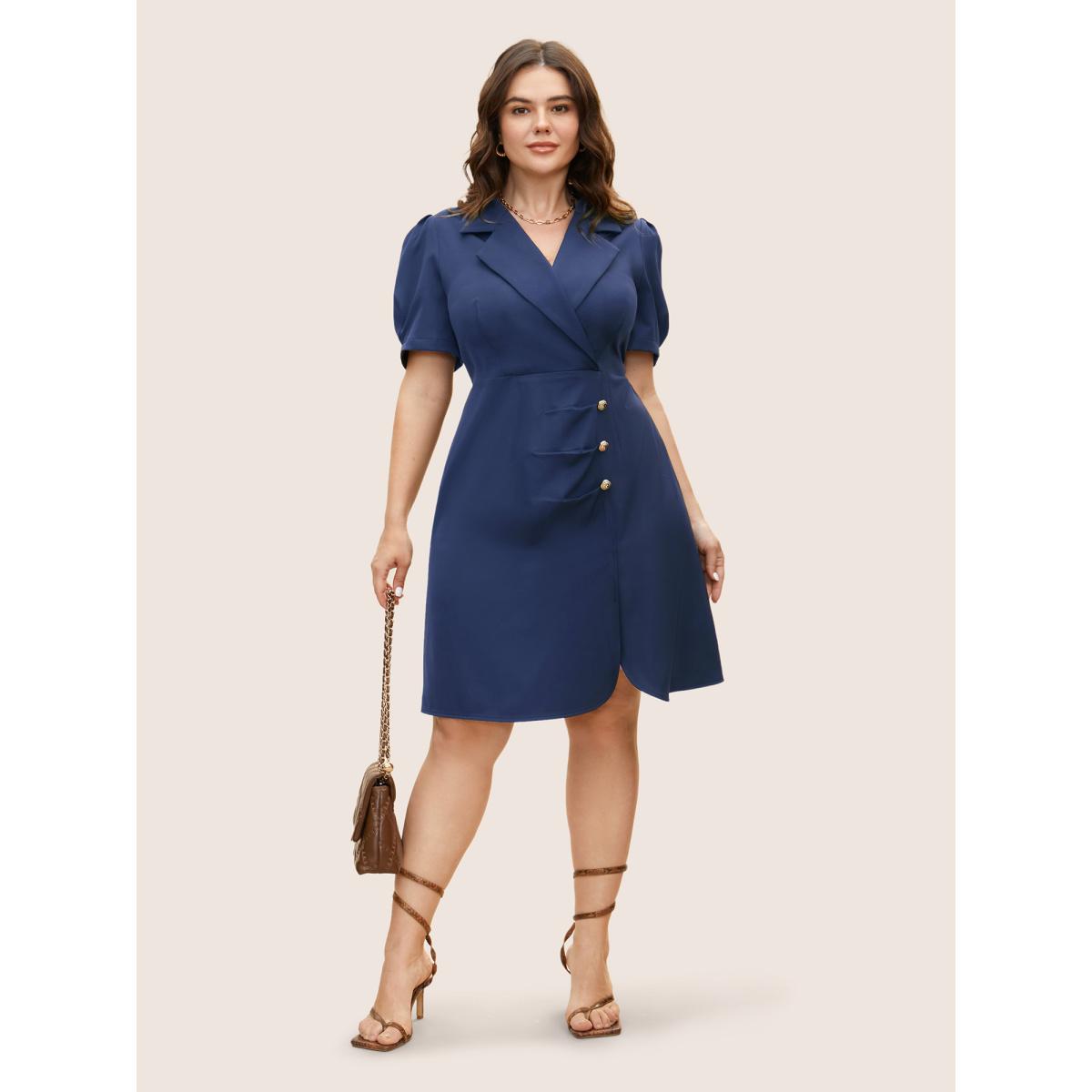 Plus Size Suit Collar Metal Detail Lantern Sleeve Dress Mediumblue Women Workwear Essentials Button Suit Collar Sleeveless Curvy BloomChic 26/4X Product Image