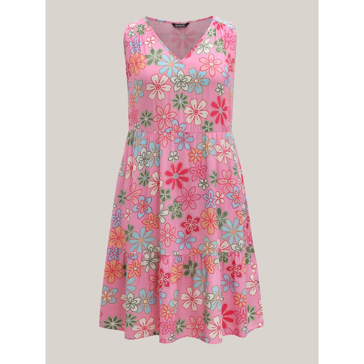 Plus Size Rayon Floral Print Stretchy Waist Midi Dress Multicolor Women V-neck Sleeveless Curvy BloomChic 28/5X Product Image