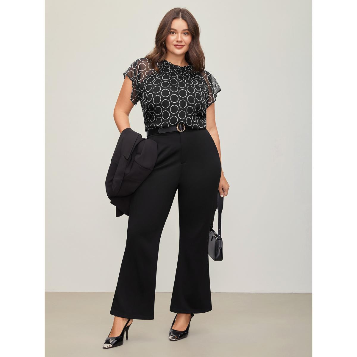 Plus Size Black Polka Dot Mock Neck Mesh Patchwork Blouse Women Workwear Essentials Cap Sleeve Round Neck Work Blouses BloomChic 10/M Product Image