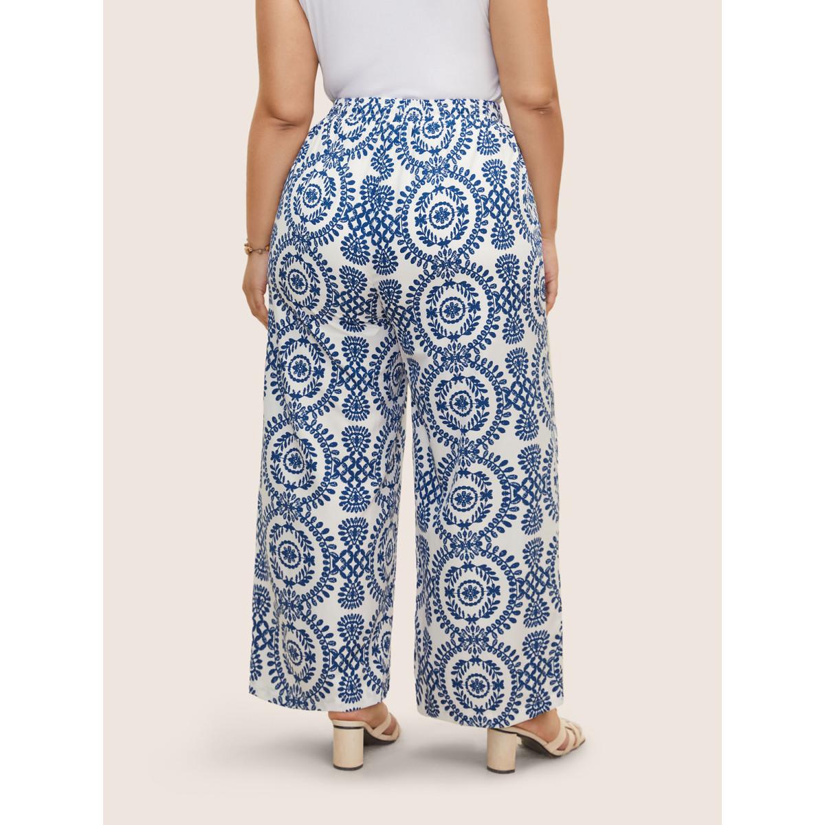 Plus Size Bandana Print Drawstring Wide Leg Pants Women Indigo Resort Wide Leg High Rise Vacation Pants BloomChic 18-20/2X Product Image