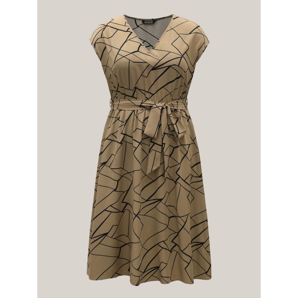 Plus Size Geometric Print Side Tied Midi Dress LightBrown Women At the Office Belted V-neck Sleeveless Curvy BloomChic 18-20/2X Product Image