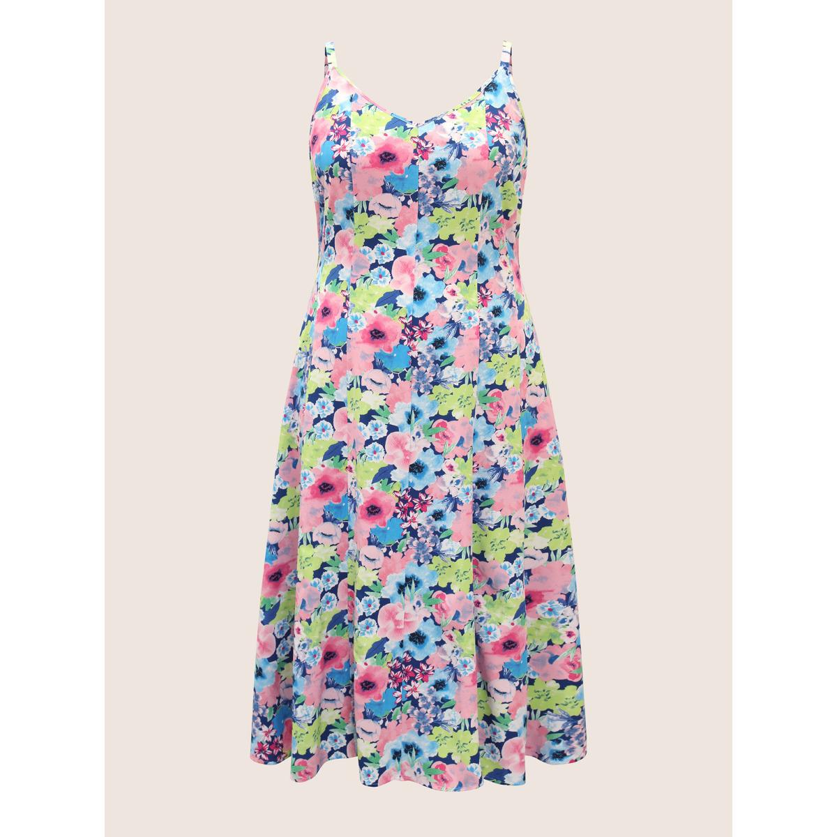 Plus Size V Neck Watercolor Floral Pleated Maxi Dress Brightblue Women Elegant Non V-neck Sleeveless Curvy BloomChic 26/4X Product Image