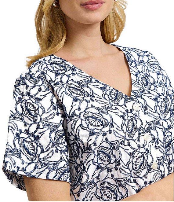 Foxcroft Isabel Floral Eyelet Elbow Sleeve Button Front Shirt Product Image