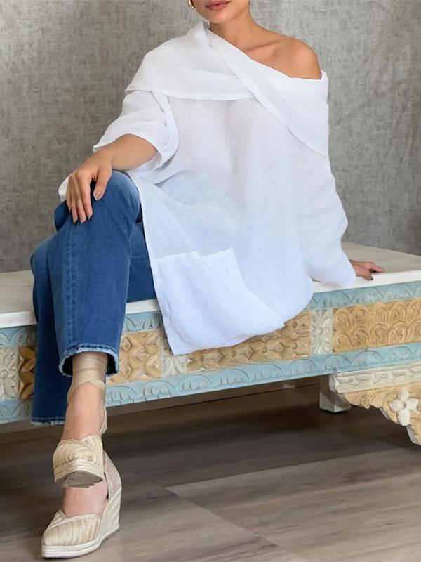 Long Sleeves Loose Asymmetric Pockets See-Through Solid Color Blouses&shirts Tops Product Image