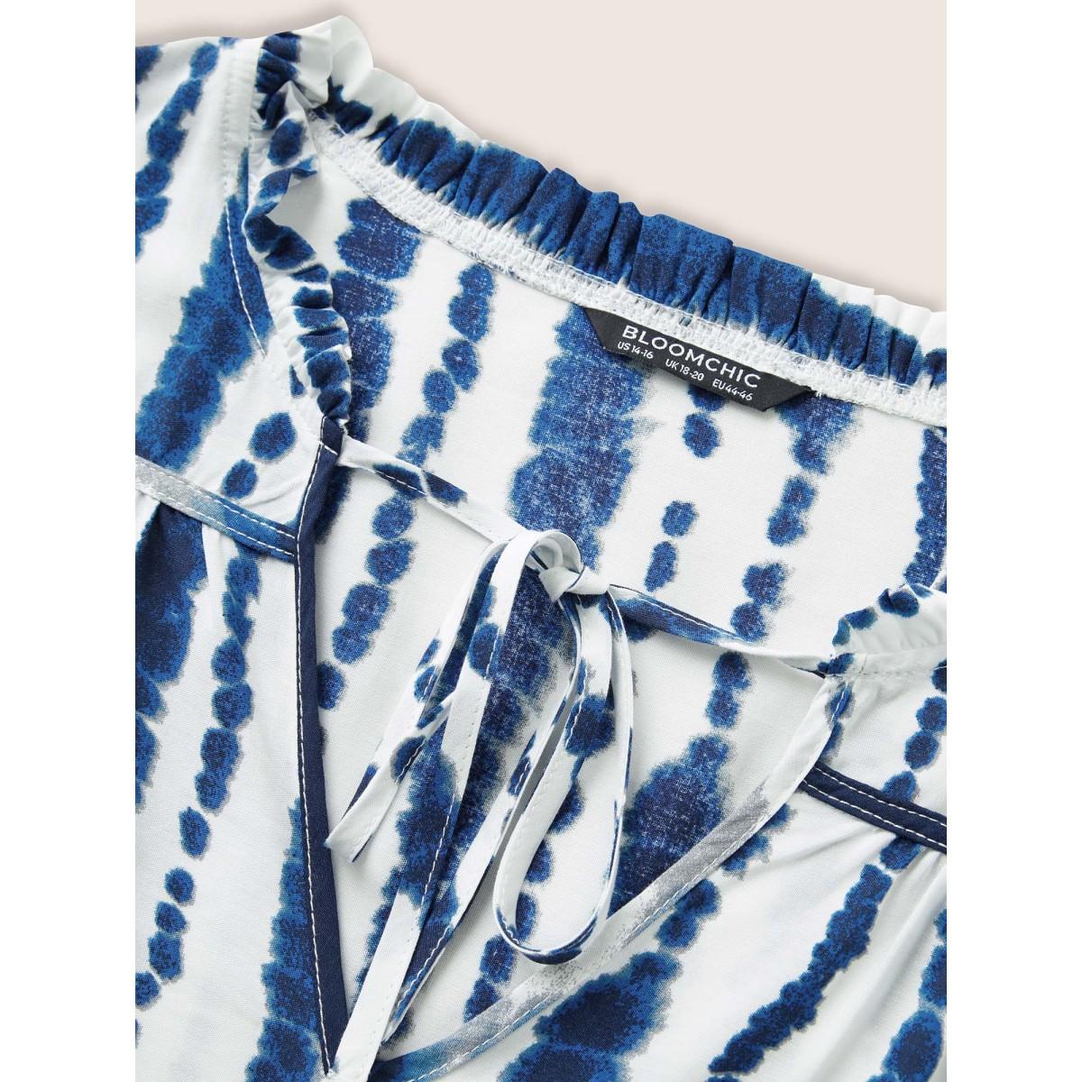 Plus Size DarkBlue Tie Dye Tie Neck Frill Trim Blouse Women Resort Half Sleeve Notched collar Vacation Blouses BloomChic 22-24/3X Product Image