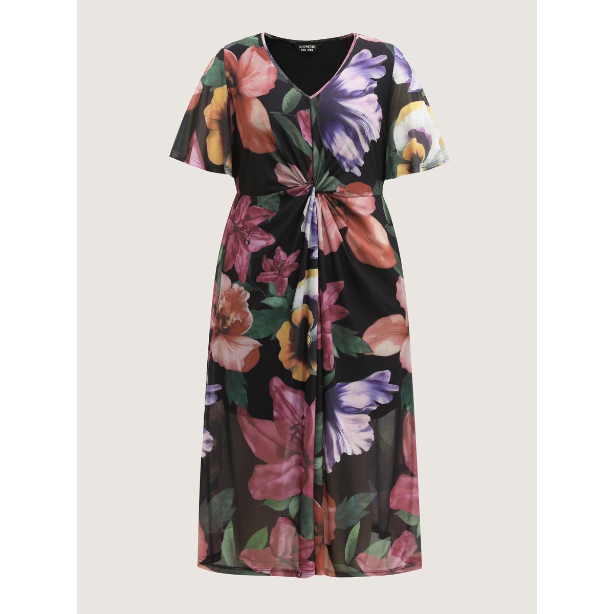 Plus Size Large Floral Print Twist Front Midi Dress RedViolet Women Romantic V-neck Short sleeve Curvy BloomChic 14-16/1X Product Image
