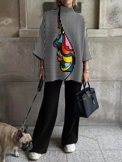 Loose Three-Quarter Sleeves Figure Printed Split-Joint Striped Stand Collar T-Shirts Product Image