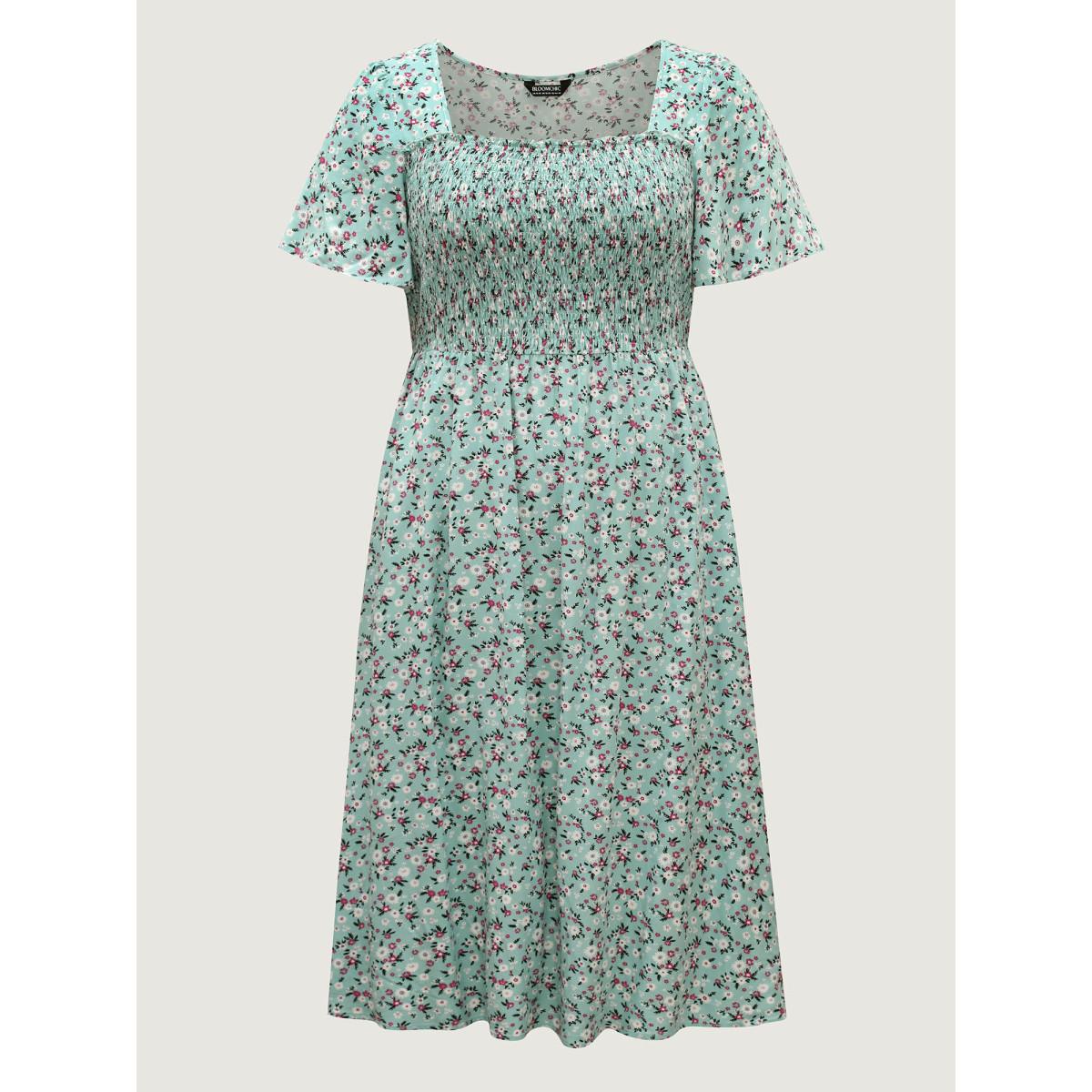 Plus Size Rayon Ditsy Floral Print Shirred Midi Dress Mint Women Square Neck Short sleeve Curvy BloomChic 22-24/3X Product Image