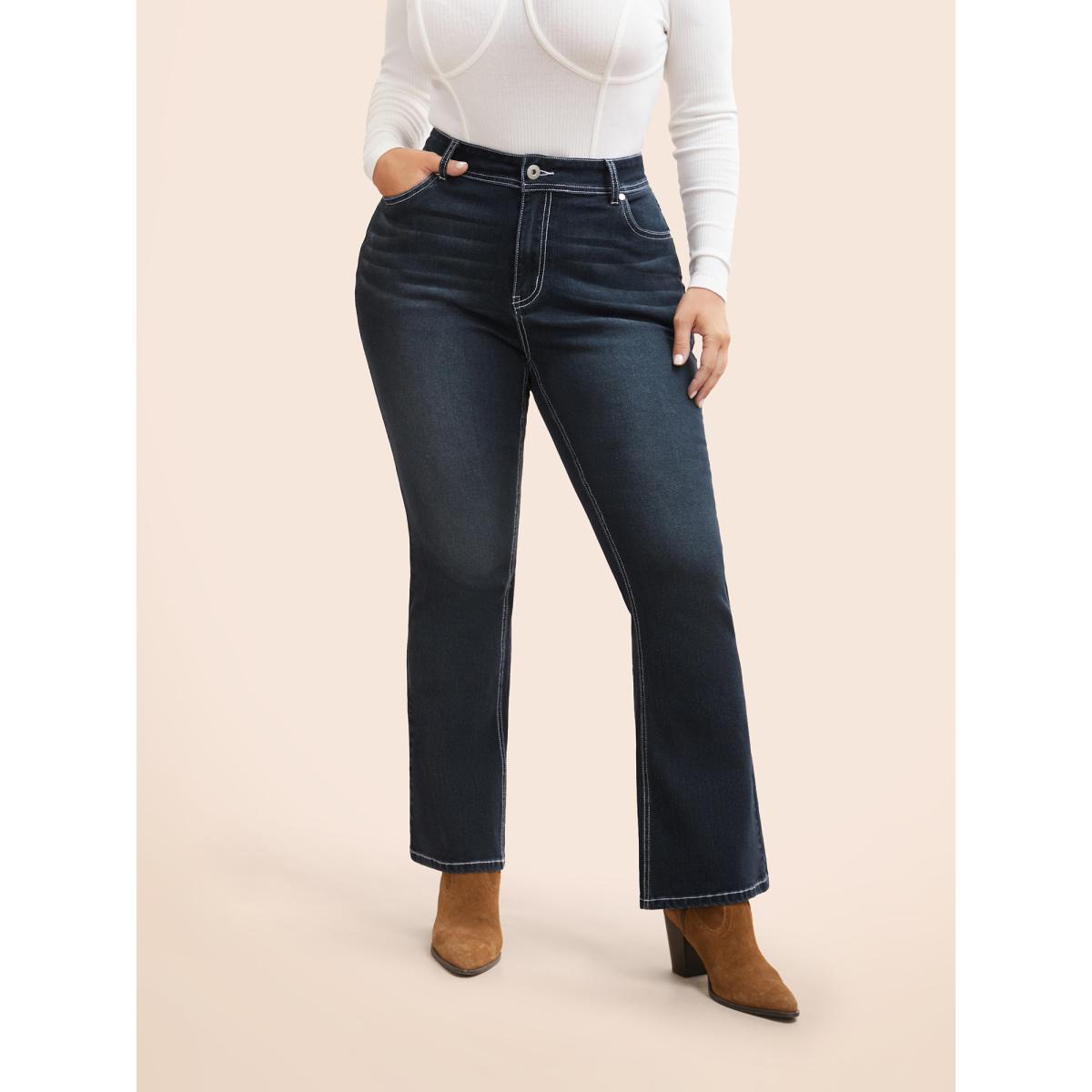 Plus Size Stretch Denim Embroided Pockets Flare Jeans Women Darkindigo Casual Embroidered Medium stretch Slanted pocket Jeans BloomChic 12/L Product Image